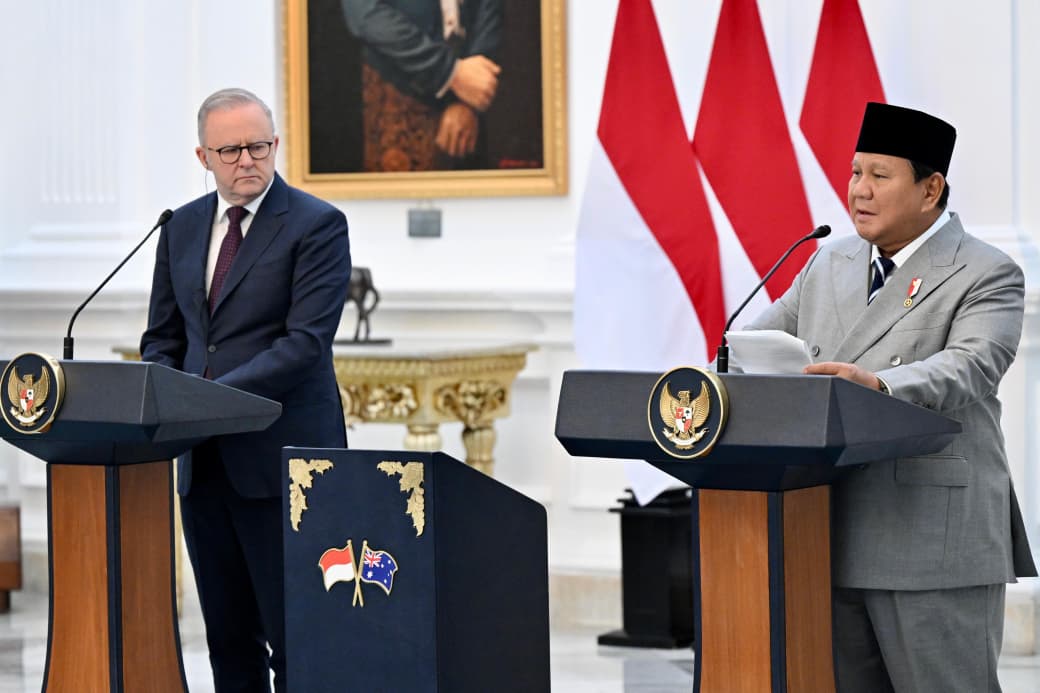 Presiden Prabowo memberikan pernyataan pers bersama PM Albanese di Istana Merdeka, Jakarta pada Jumat, 6 Februari 2026.